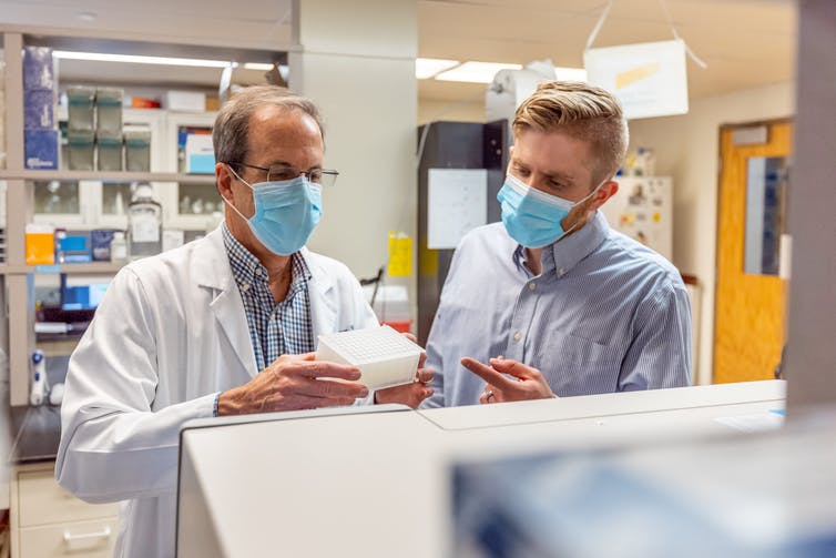 masked men hold plastic tube rack in front of lab machinery