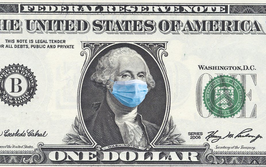 One dollar banknote with George Washington wearing a surgical mask.