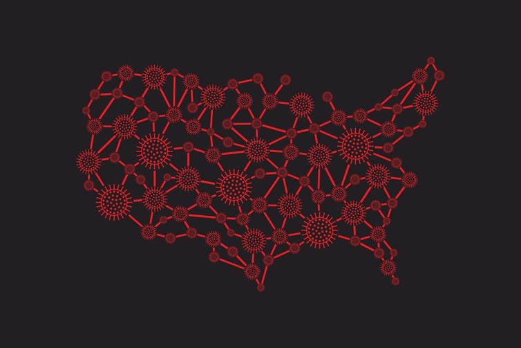 A map of the U.S. with coronavirus particles connecting different areas.