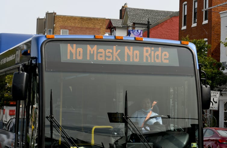 A bus in West Reading, PA, with the message 'No Masks No Ride' displayed on its digital sign.