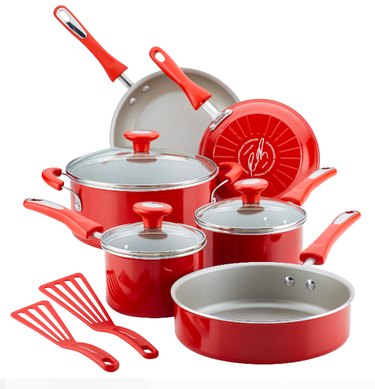 Rachael Ray 11-Piece Get Cooking! Pots and Pans Set/Cookware Set, Red