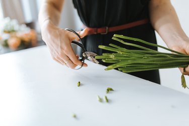 Midsection Of Florist Cutting Plant Stems At Table In Shop