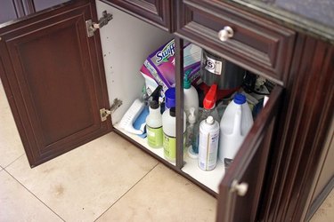 Photo of open cupboard doors, revealing a jumble of cleaning products and disinfectants.