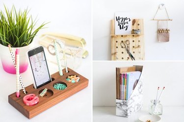 Composite image of organization options for the home office including wall pegs and upright storage for books or pamphlets.