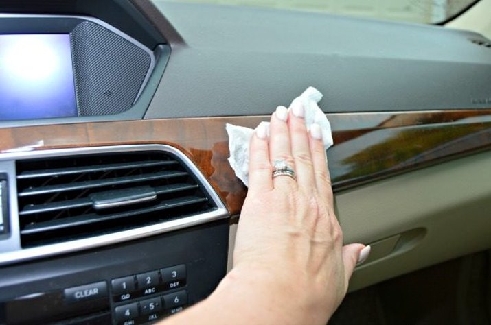 DIY car interior cleaning wipe in action