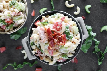 BLT macaroni salad topped with bacon