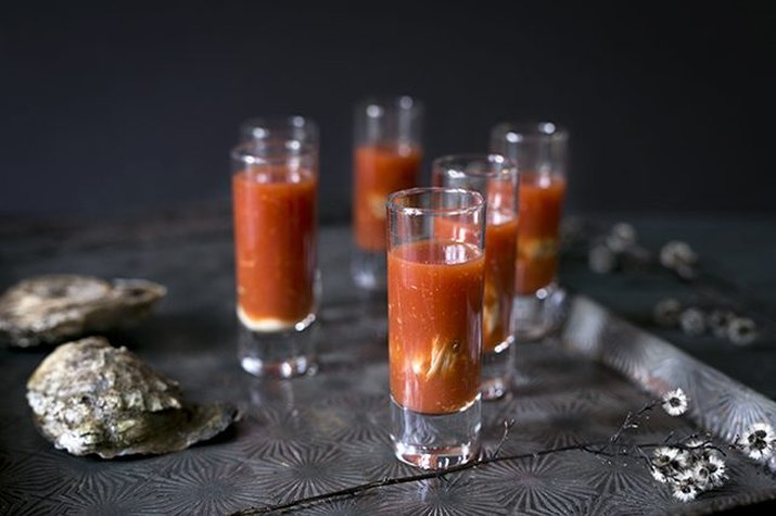 Bloody Mary oyster shooters.