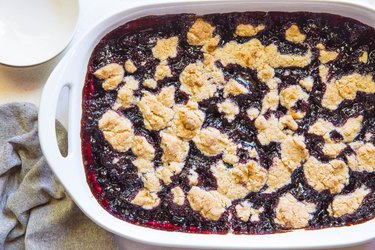 Cherry cobbler in a casserole dish